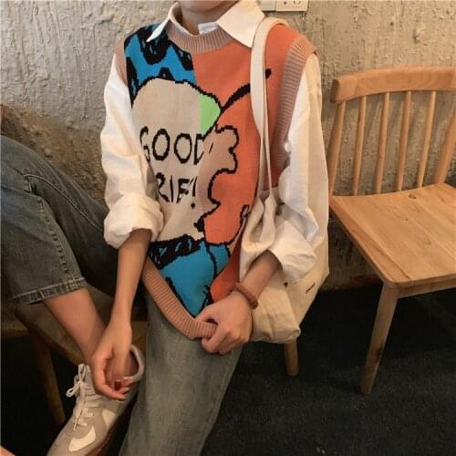 Urifens Waistcoat 2021 New Spring And Autumn Knitted Pullover Womens Vest Cartoon Korean Loose Chic Sweater Vest BN45U