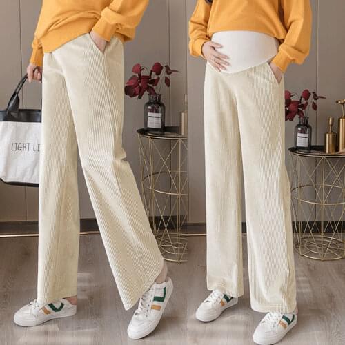 Winter Corduroy Maternity Full Long Pants Belly Straight Loose Wide Leg Pants Clothes for Pregnant Women Pregnancy Trousers