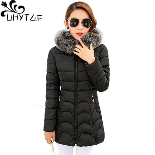 UHYTGF winter jacket women parka winter warm plus thick Big fur collar hooded coat female 3XL Plus size Womens down jacket X455