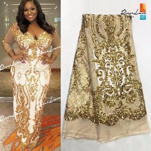 Gold Sequins Mesh Lace Fabric 2018 High Quality African Net Lace Wedding Fabrics Nigerian French Guipure Material Free Shipping
