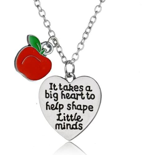 12PC Wholesale Teachers Gifts Apple Heart Pendant Chain Necklace It Takes A Big Heart To Help Shape Little Minds Charm Jewelry