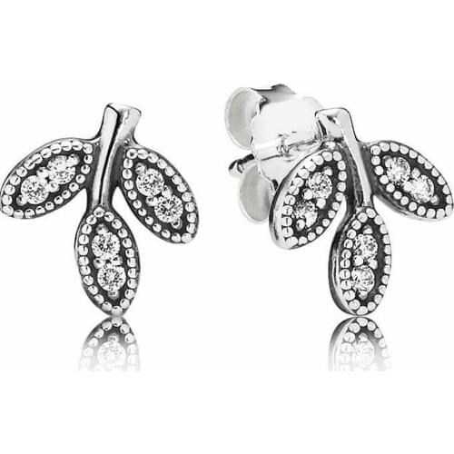Authentic 925 Sterling Silver Sparkling Leaves Fashion Stud Earrings For Pandora Women Bead Charm Gift DIY Jewelry