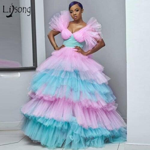 Candy Mix Color Pink And Sky Blue Tutu Ball Gowns Puffy Long Ruffles Tiered Tulle Prom Dresses Long Prom Gowns 2020 Party Dress
