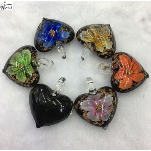 Free Shipping Beautiful jewelry 22x37x15mm Black Lampwork Glass Heart Flower Women Men Pendant Bead pWB653b