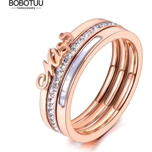BOBOTUU Original Design 3 In 1 Shell & Rhinestone Miss Rings Jewelry Titanium Steel Wedding Engagement Ring For Women BR20060