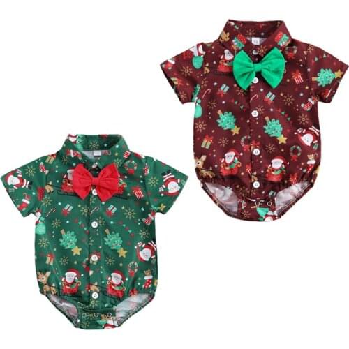 Baby Girls Boys Santa Print Short Sleeve Bow Tie Gentleman Party Jumpsuits Christmas