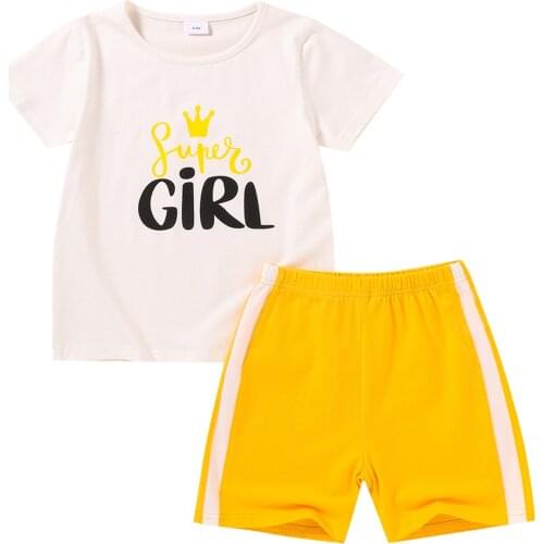 2Pc Toddler SummerOutfit Letter Print Short Sleeve T-Shirt Match Color Elastic Waist Shorts for Little Baby Girl 4-9 Years