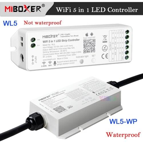 Miboxer WiFi 5 in 1 Light Controller Waterproof IP67 Single color/CCT/RGB/RGBW/RGB+CCT LED Strip Dimmer DC 12V 24V WL5 / WL5-WP