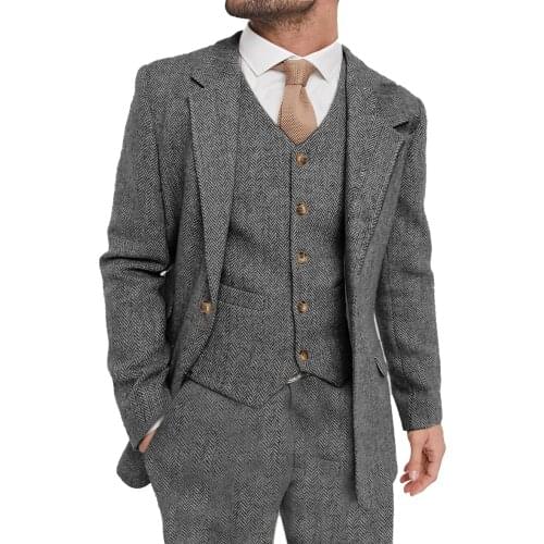 Mens Suit Grey 3 Piece Suit Hight Quality Wool Tweed Wedding Groomsmen Shawl Lapel Tuxedos Slim Fit Blazer+Pants+vest