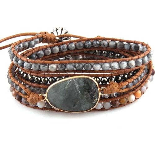 Fashion Women Leather Bracelet Handmade Gray Mixed Natural Stones / Crystal 5 Strands Wrap Bracelets Drop Shippers