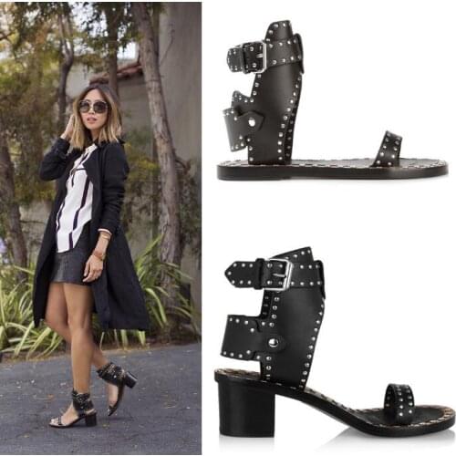 Moraima Snc Summer Thick Heels Woman Sandal Sexy Open Toe Rivets Studded Buckle Strap Gladiator Shoes Cutouts Dress Sandal
