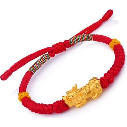 Solid 24k Yellow Gold Bracelet Bless Pixiu Bless Red Cord KnittedBracelet