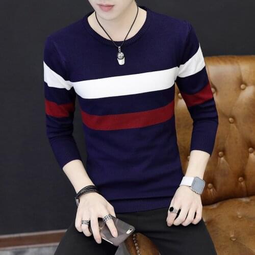 2020 autumn thin sweater male teenagers Round collar stripe knit sweater tide cultivate ones morality