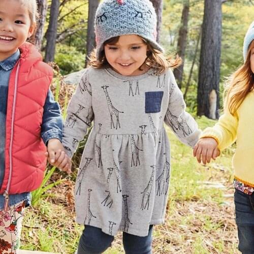 2-7 Years Girls Long Sleeve Dress Spring Autumn Cotton Cute Giraffe Printing Casual Dresses Kids Clothing KF641