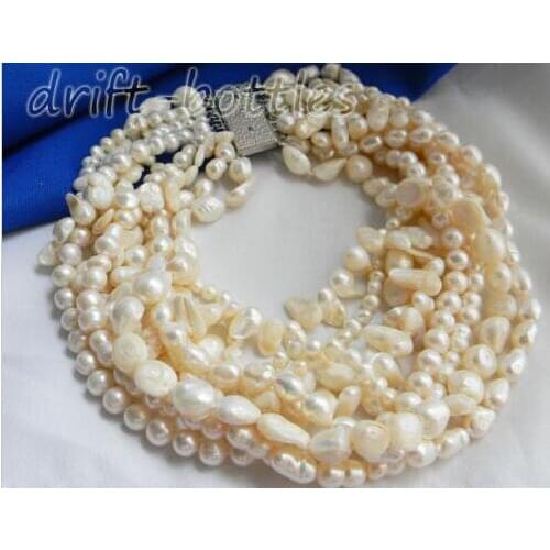9Strands 18'' Multi Shaped White Baroque Round Freshwater Pearl Necklace