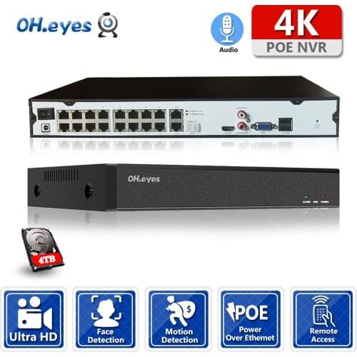 4K 16 Channel NVR 48V H.265+ 16CH NVR Face/Motion Detection Support ONVIF RTSP with 16 ports POE for For Security Kit XMEYE App