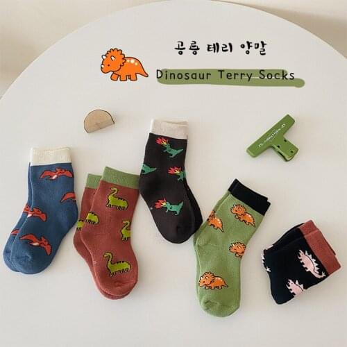 5 Pairs/Pack Thicken Warm Kids Socks Long Socks Baby Boy Girl Socks Dinosaur Print Cotton Sokken For Children 2021 Autumn Winter