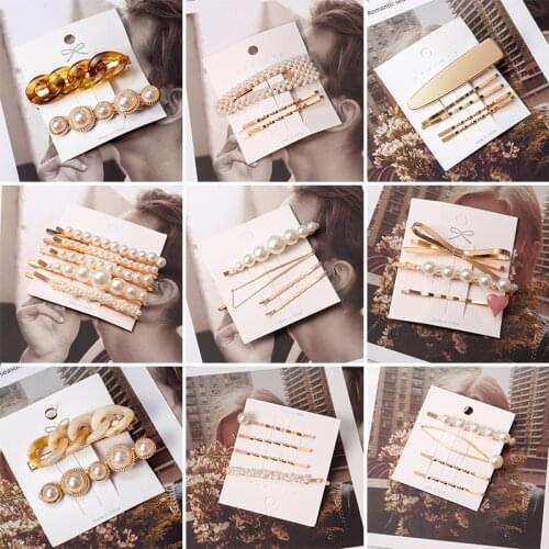 5Pcs/Set 2020 Fashion Women Elegant Full Pearls Geometric Hair Clips Sweet Girls Hair Ornament Hairpin Barrette Hair Accessories