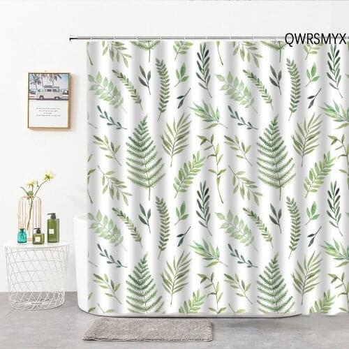 Green Leaf Shower Curtains Hooks Hand Painted Plant Flowers Bath Decor Curtain Home Background Hanging Cloth Bathroom Supplies