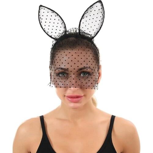 Women Sexy Mesh Cat Ears Headband Ruffles Lace Polka Dot Black Mask Veil Hair Hoop Halloween Masquerade Cosplay Party Headpiece