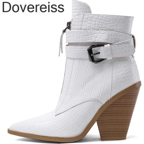 Dovereiss Fashion Female Boots Winter Sexy Elegant Pure Color White Buckle Gold Chunky Heels New Block Heels Ankle Boots 42 43