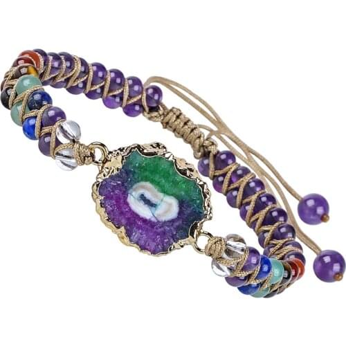 TUMBEELLUWA 7 Chakra Stone Natural Crystal Woven Bracelet Colorful Geode Crystal Pendant Bangle Double Layer Reiki Women Jewelry