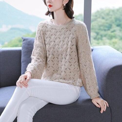 Spring Knitted Hollow Out Pullover Tops Casual Thin Long Sleeve Loose O-neck Pull Jumpers Female Summer Top Ladies