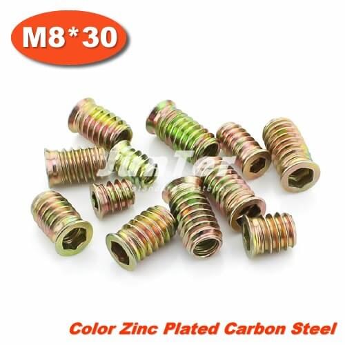 10pcs/lot M8*30 Furniture Hex Drive Head Nut Threaded Color Zinc Plated Carbon Steel For Wood Insert