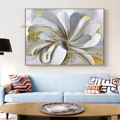 100% Handmade Colorful Abstract Gold Foil Flower Oil Painting Knife Grey Canvas Large Thick Picture for Room Home Decoration
