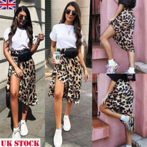 2018 New High Waisted Asymmetric Stretch Leopard Skirt for Women Girl Party Knee-Lenght Bodycon Skirt