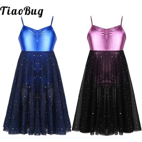 TiaoBug Girls Ballet Tutu Dress Glossy Spaghetti Straps Shiny Sequins Mesh Ballerina Stage Leotard Kids Lyrical Dance Costumes