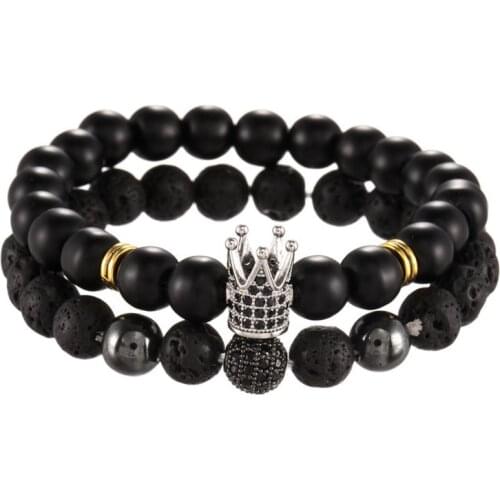 8mm Black Stone beads men bracelet crown for women CZ Ball bead bracelets Jewellery for pulsera hombre armband accessories