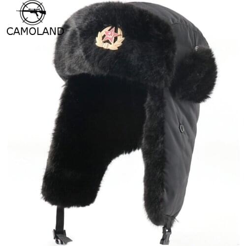CAMOLAND Soviet Army Military Badge Bomber Hats Men Thermal Faux Fur Russia Ushanka Hat Male Winter Warm Earflap Snow Caps