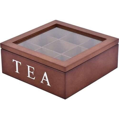 9 Cells Wooden Storage Box with Visible Lid for Tea Bag Jewelry Coffee Retro Style 23*23*9CM Home Storage & Organization LBS