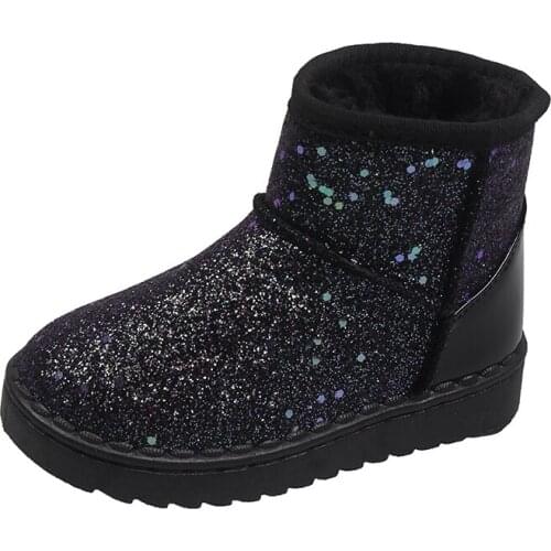 2021 New Winter Boots for Boys Girls Glitter Sequined Fabric Warm Thick Plush Kids Snow Boots Children Ankle Boots Rubber Sole
