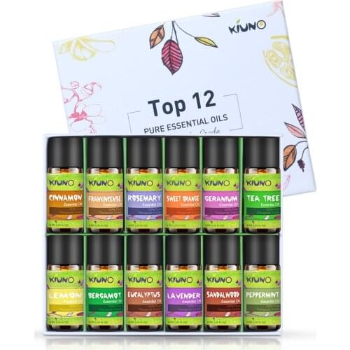 KIUNO 12Pcs 8ml Gift Box Set Pure Essential Oils For Diffuser Humidifier Massage Lavender Orange Frankincense Rosemary Lemon Oil