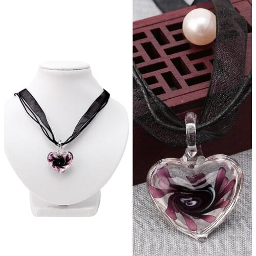 Murano Glass Pendant Necklace Purple Heart Flowers Ribbon Chain