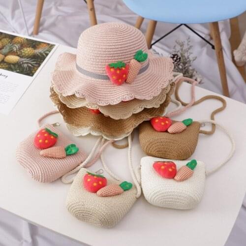 Small fresh wave edge children straw hat summer girls travel go with beach hat sunshade hat hat bag set