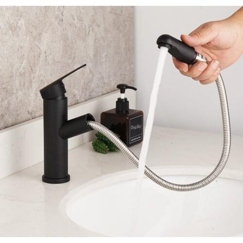 Matte Black Bathroom Basin Mixer Faucet Deck Mounted Stainless Steel Pull Out Stream Spray Hot & Cold Mixer Chrome Polish Faucet