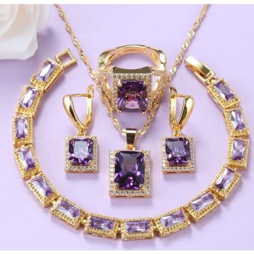 Mexican Jewelry Sets Gold-Color Romantic Wedding Bridal Accessories Purple Crystal NecklaceAnd Earrings Bracelet Sets