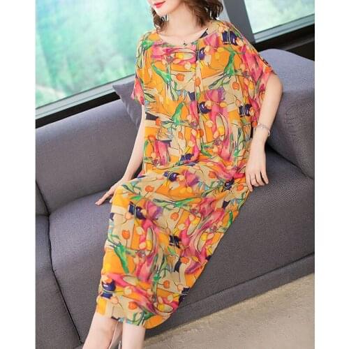 Sweet Women Bohemian Dresses Imitate Real Silk Dress New Summer Loose Plus Size Print Dresses Ladys Evening Party Dress