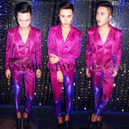 Mens Fashion Pink Glitter Slim Suits Costumes Stage show performance set Nightclub Male singer DJ dance wear