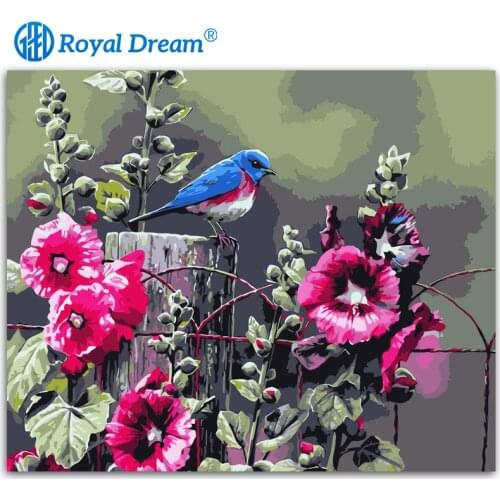 ROYALDREAM Blue Bird And Pink Flowers DIY Painting By Numbers Handpainted Canvas Painitng Home Decor For Living Room