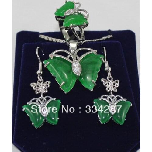 Fancy green jades butterfly earring pendant/ ring set free chain
