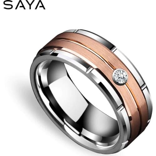 Tungsten Wedding Rings for Men Women Rose-Gold Plating Brushed Finishing with Cubic Zirconia Stone, Customized, Free Shipping
