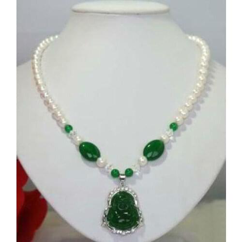 White Freshwater Pearl & Green chalcedony Buddha Pendant Necklace 18"