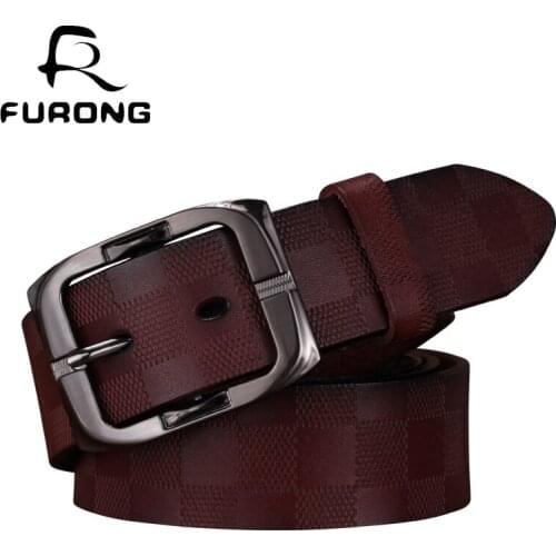 FURONG Lattice Embossing Genuine Leather Men Belt Classic Retro Fashion Square Pin Buckle Belts Cinturones Hombre Mujer FR052