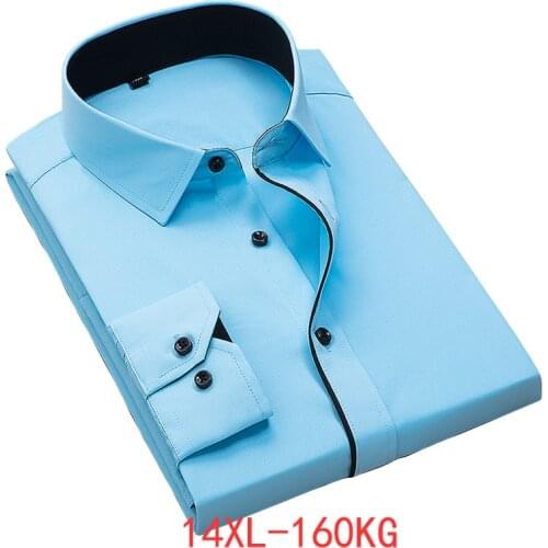 Mens Large size Business Casual Office Business Long Sleeve Lapel Stripe 10XL 11XL 12XL 13XL 14XL Blue Shirt 6XL 7XL 8XL 9XL