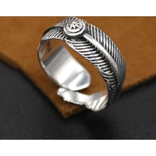 S925 Sterling Silver Jewelry Handicraft Retro Thai Silver Fashion Takahashi Goro Feathers Open Ended Ring Men And Women