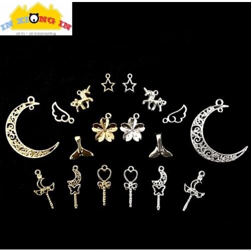 Silver Mini Angel Wing Charms Metal Jewelry DIY Unicorn Decoration Mermaid Tail Magic Wand Pendant Accessories Kawaii Heart Star